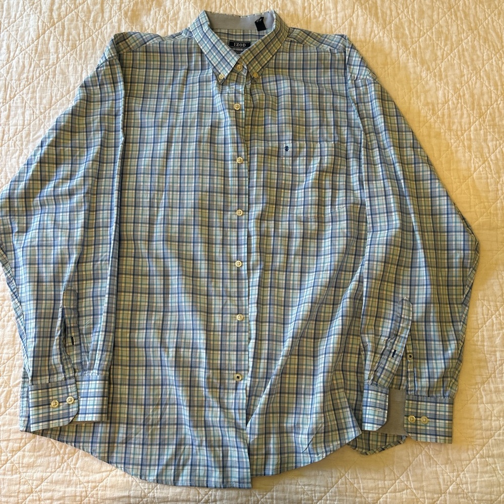 Izod Men's Green and Blue Checkered Shirt